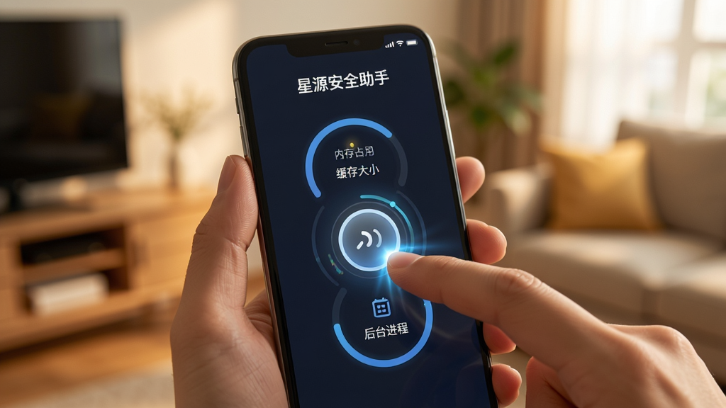 一部手机握在手中,屏幕显示“星源安全助手”的手机加速界面,界面中央有一个圆形加速按钮,按钮周围环绕着“内存占用”“缓存大小”“后台进程”三个环形指示器。手指正点击加速按钮,屏幕上有轻微的光效反馈。背景为模糊的居家环境,风格为生活化产品摄影,光线温暖,画质干净,无多余元素。