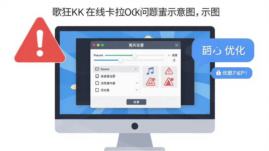 歌狂KK在线卡拉OK问题排查示意图,画面展示电脑屏幕弹出麦克风设置窗口,旁边有红色警示标志和蓝色优化提示气泡,布局为居中构图,风格为扁平插画风,细节包含音量滑块、设备列表、故障图标,画质清晰干净,无多余元素