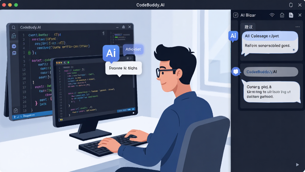 CodeBuddy.AI��������ȫòչʾ������Ϊһλ����Ա���ڵ���ǰʹ��AI������֣����ֲ������ҷ��������Ϊ����༭�����Ҳ�ΪAI�Ի��뽨����壬�Ű��������򣬷��Ϊ�ִ��Ƽ��б�ƽ�廭��ϸ�ڰ������������AIͼ�ꡢ������ʾ�򣬻��ʸ��壬����ɾ����޶���Ԫ��