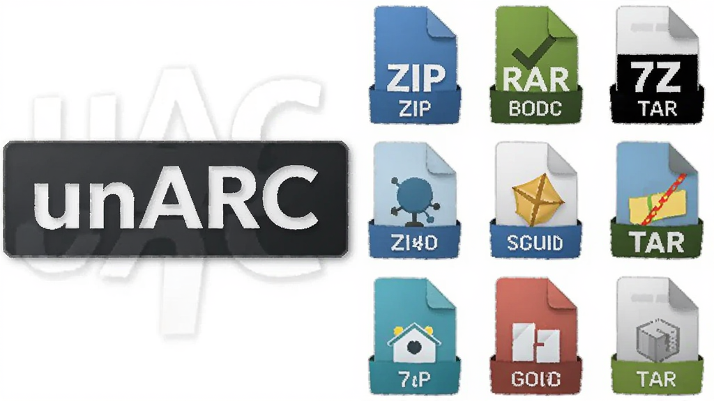 һ��չʾ unARC ����ͼ�������ѹ���ļ���ʽ��ʶ��ͼƬ����������� unARC ������־���Ҳ��������� ZIP��RAR��7Z��TAR �ȸ�ʽͼ�꣬���岼�����ҶԳƣ����Ϊ���Ƽ��У�ϸ�ڰ����������ļ�ͼ�����ʽ���֣���������������ɾ��޶���Ԫ��