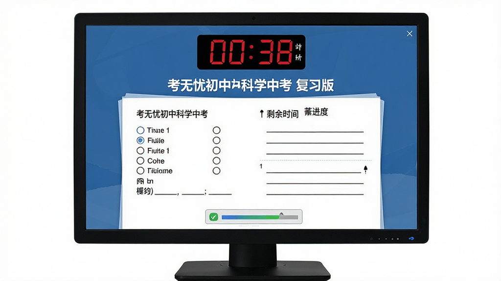 一张“考无忧初中科学中考 复习版”模拟考场界面,主体为屏幕显示倒计时和试卷答题区,布局上方为计时器下方为选择题和填空题,排版居中,风格为严肃考试风,细节包含“考无忧初中科学中考 复习版”文字、剩余时间数字、答题卡进度,画质高清,干净,无多余元素