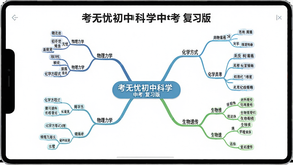 一张“考无忧初中科学中考 复习版”知识点思维导图界面,主体为屏幕中央展示树状思维导图,布局从中心向四周发散,排版层次分明,风格为极简知识图谱风,细节包含“考无忧初中科学中考 复习版”文字、物理力学分支、化学方程式分支、生物遗传分支,画质高清,干净,无多余元素
