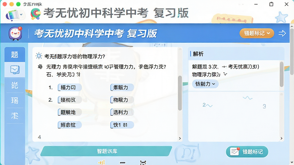 一张“考无忧初中科学中考 复习版”智能题库界面截图,主体为屏幕中央显示一道物理浮力选择题,布局左侧为题目区右侧为解析区,排版上下结构,风格为清爽学习风,细节包含“考无忧初中科学中考 复习版”文字标题、答题卡和错题标记按钮,画质高清,干净,无多余元素