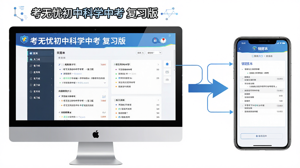 一张展示“考无忧初中科学中考 复习版”在电脑和手机双端运行的示意图,主体为左侧电脑屏幕显示题库界面右侧手机屏幕显示错题本,布局左右对比,排版清晰,风格为科技教育风,细节包含“考无忧初中科学中考 复习版”文字、连接箭头表示数据同步,画质高清,干净,无多余元素