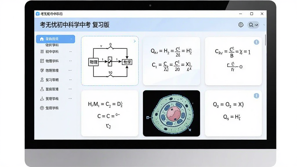 一张展示“考无忧初中科学中考 复习版”软件界面的图片,主体为电脑屏幕显示软件主界面,布局包含左侧学科导航栏和右侧知识点卡片,排版清晰有序,风格为现代教育软件风格,细节上屏幕中有物理电路图、化学方程式、生物细胞图,画质高清,干净,无多余元素