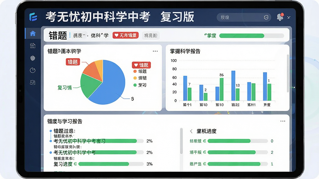 一张“考无忧初中科学中考 复习版”错题本与学习报告界面,主体为屏幕中显示饼状图和柱状图,布局上方为错题列表下方为报告图表,排版左右分栏,风格为数据可视化教育风,细节包含“考无忧初中科学中考 复习版”文字、红色错题标签、绿色掌握度进度条,画质高清,干净,无多余元素