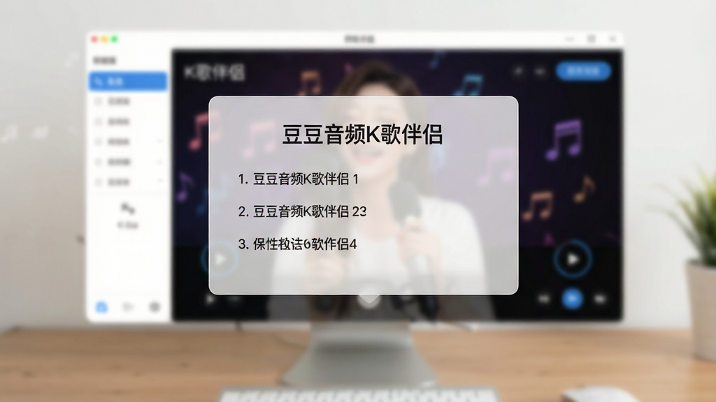 一张展示豆豆音频K歌伴侣软件帮助文档或新手引导界面的图片,画面主体是悬浮在桌面上的半透明提示框,布局为中央弹窗与背景模糊的软件主界面,排版简洁明了,风格为现代扁平化浅色主题,细节包含“豆豆音频K歌伴侣”标题与操作步骤序号,画质清晰,干净,无多余元素。