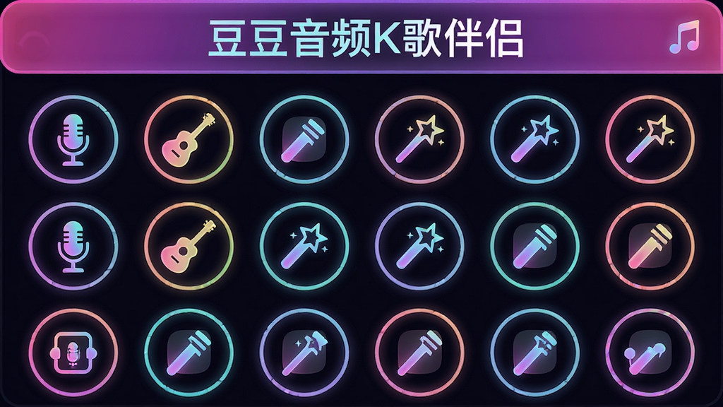 一张展示豆豆音频K歌伴侣音效选择面板的界面图片,画面主体是排列整齐的圆形音效图标网格,布局为上方标题栏与下方图标阵列,排版紧凑,风格为炫彩霓虹渐变,细节包含“豆豆音频K歌伴侣”文字标识与麦克风、吉他、魔杖等图标,画质清晰,干净,无多余元素。