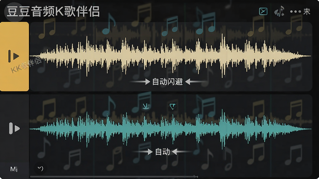 一张展示豆豆音频K歌伴侣闪避功能动态示意图的图片,画面主体是两条并排的音频轨道,上方为人声波形,下方为音乐波形,布局为上下对比结构,排版清晰,风格为扁平化设计,细节包含“豆豆音频K歌伴侣”水印与自动闪避指示箭头,画质清晰,干净,无多余元素。