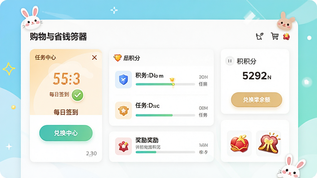 一张展示购物兔省钱浏览器省钱任务与积分体系的图片,主体为任务中心页面,页面内显示每日签到按钮、任务列表与积分余额,布局为卡片式排列,风格为活泼清新风,细节包含积分数字、任务进度条、兑换按钮、奖励图标,画质清晰干净,无多余元素