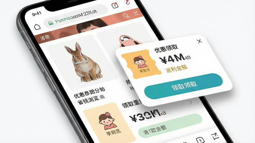 一张展示购物兔省钱浏览器移动端操作界面的图片,主体为手机屏幕,屏幕内显示浏览器商品页面与悬浮窗优惠券信息,布局为上下结构,上方为商品图片,下方为优惠券领取按钮与返利金额,风格为移动端扁平化设计,细节包含手机边框、悬浮窗阴影、价格标签、领取按钮,画质高清干净,无多余元素