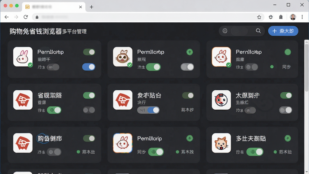 一张展示购物兔省钱浏览器多平台账号管理界面的图片,主体为浏览器设置面板,面板内显示多个电商平台图标与登录状态,布局为网格排列,风格为扁平化设计,细节包含平台Logo、账号头像、切换按钮、同步状态标识,画质高清干净,无多余元素