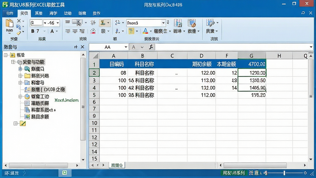 һ��չʾ����U8ϵ��EXCELȡ���������������ͼƬ������������Windows���洰�ڣ����Ϊ�����빦�ܵ��������Ҳ�ΪExcel��������Ԥ�����򣬱�������ʾ��Ŀ���롢��Ŀ���ơ��ڳ������ڷ�������ֶΣ����ڱ�����д�С�����U8ϵ��EXCELȡ�����ߡ������岼����������������������ɫ�������רҵ��ϸ�ڰ�����������ť�������˵���״̬����ʾ�����������ɾ����޶���Ԫ��