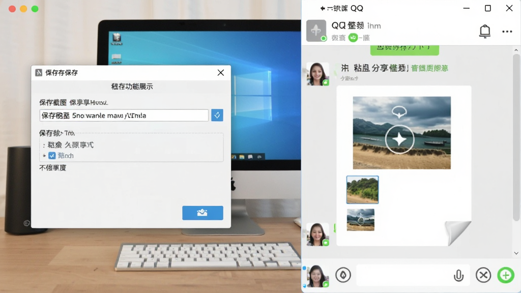 一键截图保存与分享功能展示,画面左侧是软件保存对话框,右侧是QQ聊天窗口正在粘贴图片,主体为电脑桌面,布局为左右对比,风格为办公实用风,细节包括保存路径选择框和粘贴后的图片缩略图,画质为高清,画面干净无多余元素