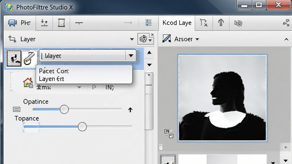 һ��չʾPhotoFiltre Studio Xͼ�����ɰ湦�ܵĽ���ͼ������������ͼ��������ɰ�����ͼ������Ϊ�Ҳ������д���Ű����������Ϊдʵ����������ϸ�ڰ���ͼ����ģʽ�����˵�����͸���Ȼ��顢�ɰ�ڰ�ͼ�꣬�����������ɾ����޶���Ԫ��