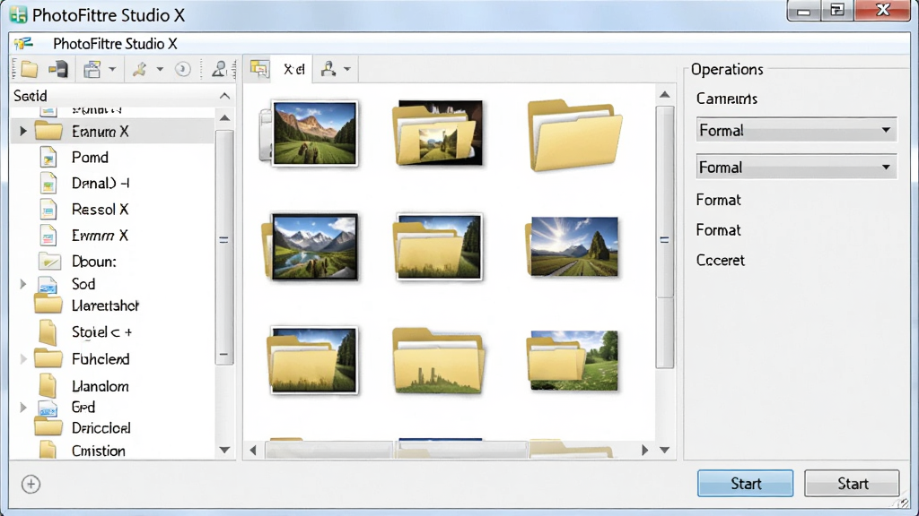 һ��չʾPhotoFiltre Studio X�����������ܵ�ʾ��ͼ���������������������Ի������ļ���ͼ�꣬����Ϊ����ļ��б����Ҳ����ѡ��Ű湤�������Ϊдʵ����������ϸ�ڰ���ͼƬ����ͼ����ʽ�����򡢿�ʼ��ť�������������ɾ����޶���Ԫ��