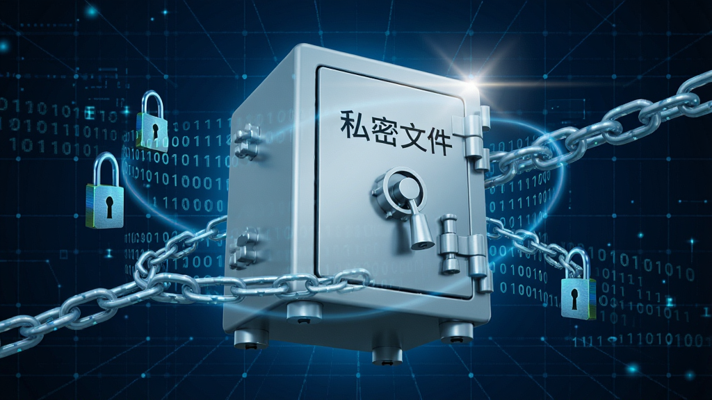 一张展示私密文件软件高强度加密功能的图片,画面中一个银色保险箱悬浮在中央,周围环绕着发光的二进制代码和锁链元素,保险箱表面印有私密文件字样,背景是深蓝色科技感网格,风格为数字艺术风,细节包括光晕效果和金属质感,画质清晰,干净,无多余元素
