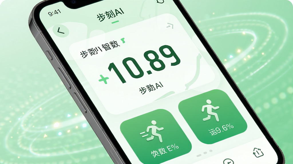 步刻AI智能步数记录功能展示,主体为手机屏幕显示步数数据和运动状态图标,布局为上下结构,排版简洁,风格为清新运动风,细节包含绿色健康色调、步数数字大而清晰、运动类型图标精致、背景有轻微动态光效,画质高清,干净,无多余元素