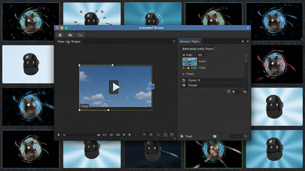 һ��չʾAnimated Screen��������������ͼ���������������������ڣ���������ʾ��Ļ¼������ѡ���Ͷ���·���༭��壬��Χ�����Ŷ�̬Ч��Ԥ������ͼ�����������ִ��������ɫ����ɫΪ��ɫ������������������ϸ�ڷḻ�����ʸɾ����޶���Ԫ�أ��������רҵ������������