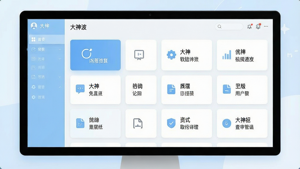 一张展示“大神波”软件功能模块的示意图,画面以软件界面为载体,突出展示多个功能卡片整齐排列,每个卡片配有简洁图标和文字说明,整体布局清晰,风格现代简约,色调以浅蓝和白色为主,画质清晰,画面干净,无多余元素