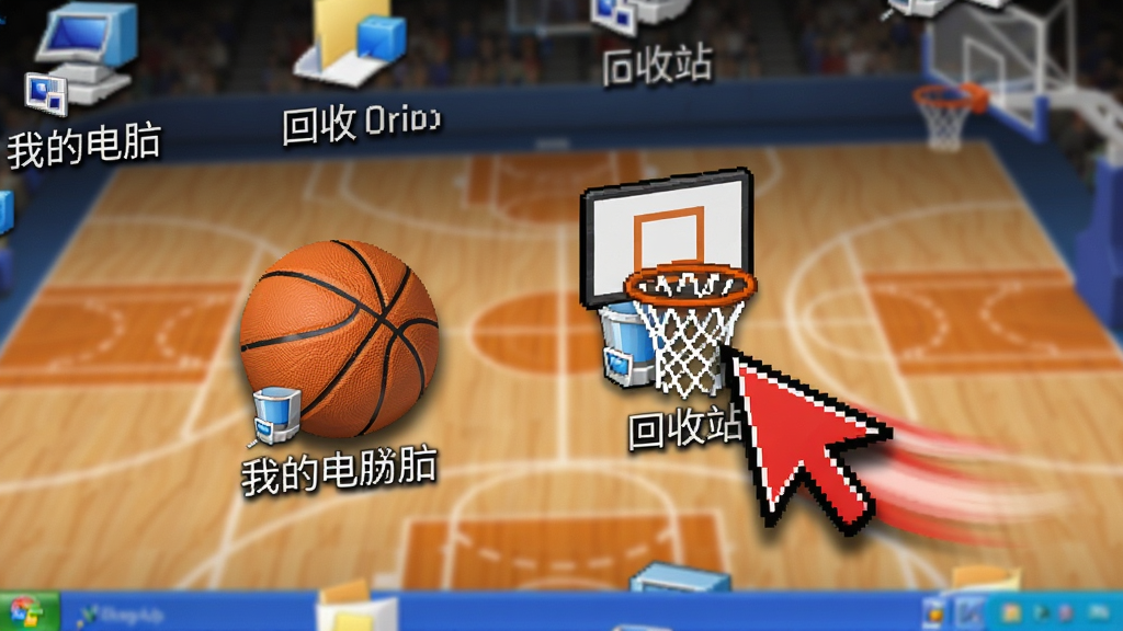 一张特写电脑桌面图标与鼠标指针的展示图,主体是Windows XP桌面上的“我的电脑”图标变成了一个橙色篮球,“回收站”变成了一个篮筐,鼠标指针是一个红色篮球箭头,布局为桌面局部特写,排版散落几个图标,风格为像素风图标与写实篮球材质结合,细节包括图标阴影、鼠标指针的动感拖尾效果、桌面背景虚化为篮球场,画质高清,干净,无多余元素
