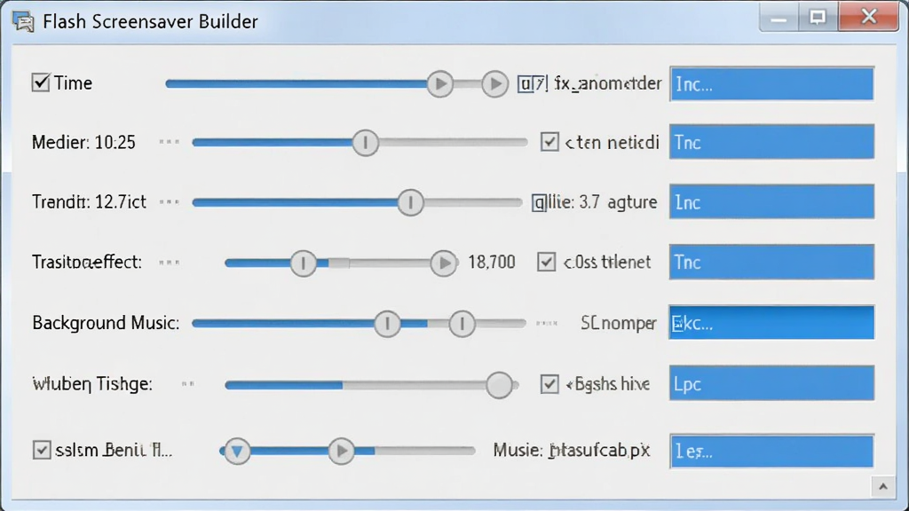 一张软件设置界面截图风格的图片,主体是 Flash Screensaver Builder 的参数设置面板,面板上有多个滑动条和选项按钮,分别标注着时间设置、过渡效果、背景音乐等选项。布局为垂直排列,排版整齐。风格为扁平化设计,浅灰色背景,蓝色高亮选中项。细节包括滑块、复选框、输入框等控件,画质清晰,干净,无多余元素。