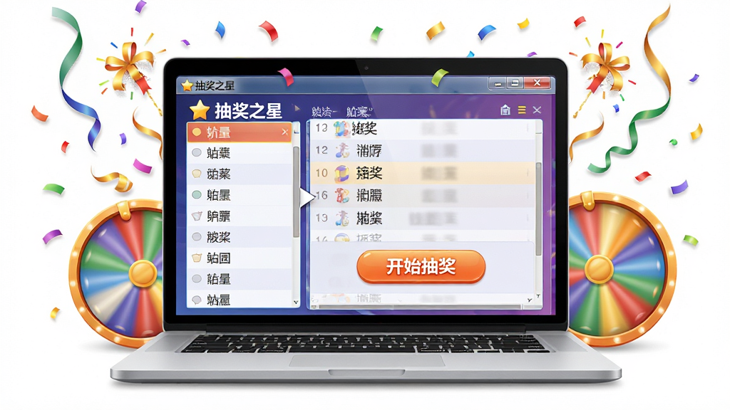 软件全貌展示图:画面中央是一台打开的笔记本电脑,屏幕上显示“抽奖之星”软件界面,界面中有滚动姓名列表和醒目的开始抽奖按钮,周围环绕着彩带、礼花、转盘等抽奖元素,布局采用居中构图,风格为明快写实的数字插画,细节包括软件窗口的按钮、列表高亮效果,画质清晰,画面干净,无多余元素