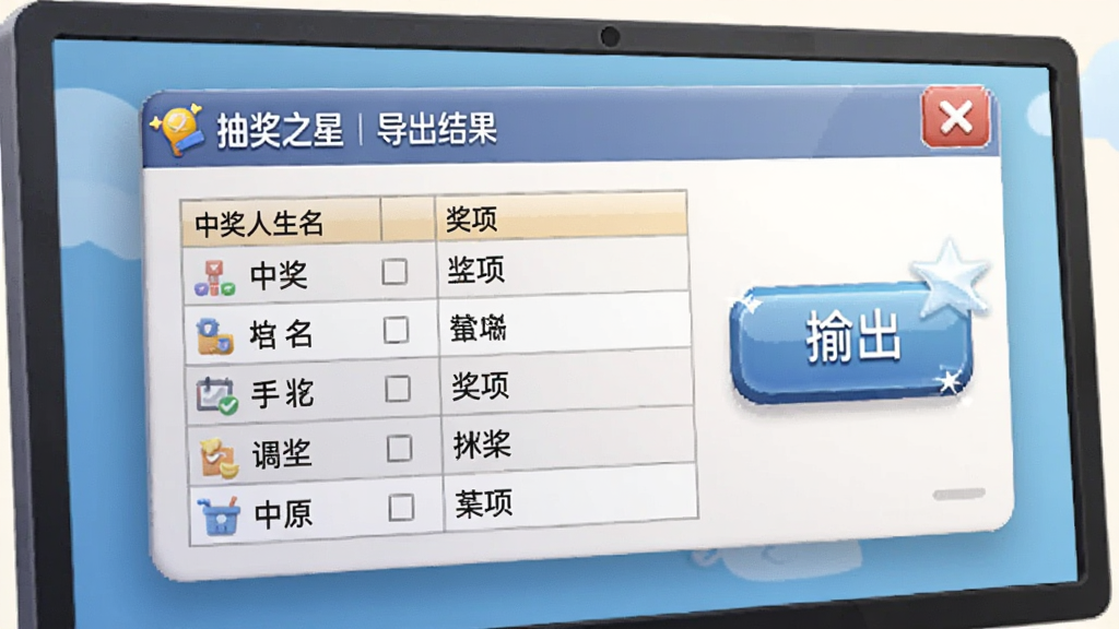 AI生图:电脑屏幕上显示“抽奖之星”的导出结果窗口,表格中列出中奖人姓名和奖项,旁边有一个醒目的导出按钮,画面采用斜侧视角,风格为现代办公写实插画,细节包括表格的网格线和按钮的高光效果,画质清晰,无多余元素