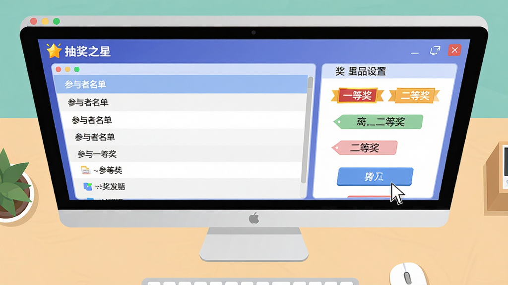 AI生图:一个整洁的电脑桌面,屏幕上打开“抽奖之星”软件,左侧是参与者名单列表,右侧是奖品设置面板,面板上标注着“一等奖”“二等奖”等标签,画面采用俯视角度,风格为清爽的扁平化办公插画,细节包括鼠标指针悬停在导入按钮上,画质高清,干净无杂乱元素
