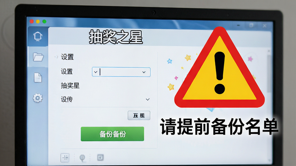 AI生图:一台电脑屏幕上显示“抽奖之星”的设置界面,旁边有醒目的警告图标和提示文字“请提前备份名单”,画面采用特写构图,风格为简洁的警示信息图,细节包括界面上的设置选项和备份按钮,画质清晰,无多余元素