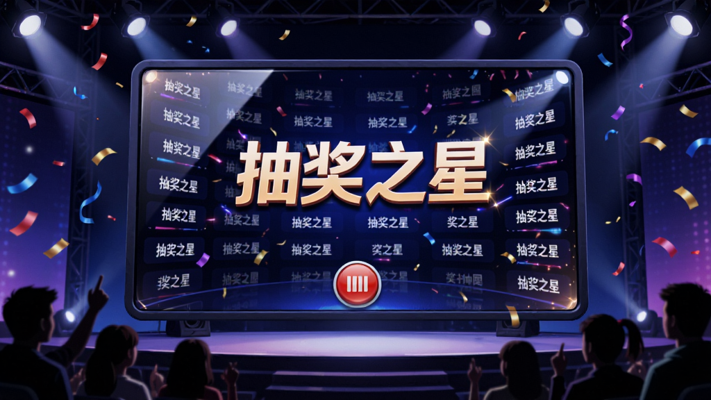 AI生图:舞台中央的大屏幕上显示“抽奖之星”的滚动抽奖画面,屏幕上名字快速滚动,屏幕下方有停止按钮,舞台灯光聚焦在屏幕,周围有观众剪影,布局为宽幅横向构图,风格为炫酷的舞台灯光插画,细节包括屏幕反光和彩带飘落,画质细腻,画面干净无多余元素
