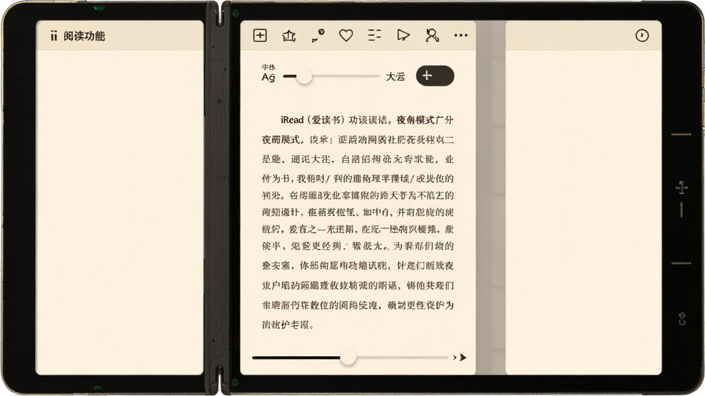 iRead(爱读书)阅读界面功能展示,主体为一块打开的电子书阅读窗口,布局为中央显示正文文字两侧留白,排版上方有工具栏下方有进度条,风格为柔和护眼米黄色调,细节包括可调节的字体大小滑块和夜间模式切换按钮,画质清晰,干净,无多余元素
