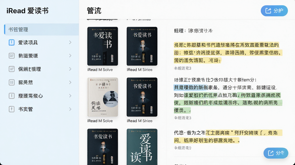 iRead(爱读书)书签笔记管理界面,主体为笔记列表与书籍封面缩略图并列展示,布局为左侧书签目录右侧笔记详情,排版整齐分区明确,风格为清新浅色商务风,细节包括高亮标注的文字段落和导出按钮图标,画质高清,干净,无多余元素