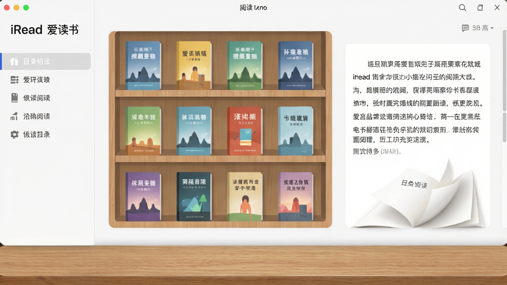 iRead(爱读书)电子书阅读软件主界面展示,主体为一块整洁的虚拟书架,书架上排列着多本不同颜色的电子书封面,布局为居中横向展开,排版左侧为目录导航栏右侧为阅读区,风格为现代简约扁平化设计,细节包括柔和的书页翻动光影和木质纹理桌面,画质高清,干净,无多余元素