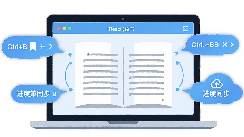 iRead(爱读书)使用技巧示意图,主体为一台笔记本电脑屏幕显示阅读界面,布局为屏幕中央展示书籍正文周围环绕快捷键提示气泡,排版清晰有序,风格为科技感扁平插画,细节包括Ctrl+B书签快捷键图标和进度同步云朵图标,画质高清,干净,无多余元素