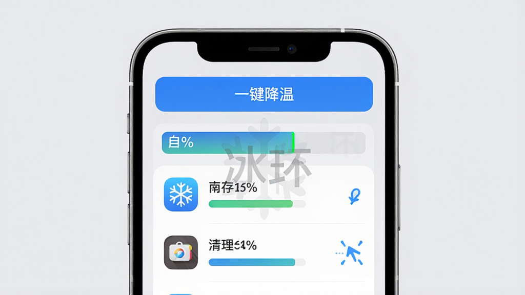 ������̨�������棬�ֻ���Ļ��ʾӦ���б����ڴ�ռ�����������С�һ�����¡���ɫ��ť���������С�������logoˮӡ������Ϊǳ��ɫ�����Ϊ��ˬ��������ƣ�ϸ�ڰ���Ӧ��ͼ�ꡢ�ڴ�ٷֱȡ�����������ͷ�����ʸ��壬�ɾ����޶���Ԫ��