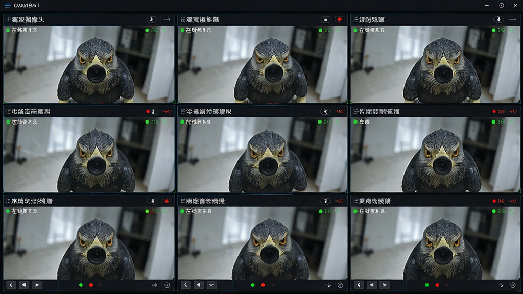 鹰眼摄像头监控录像软件多路管理功能展示图,画面主体为软件界面中同时显示九路摄像头画面,每个画面窗口标注摄像头名称与在线状态,布局为三行三列网格排列,风格为科技感软件截图,细节包括画面切换按钮、录制状态红点、分辨率标识,画质清晰,干净整洁,无多余装饰元素