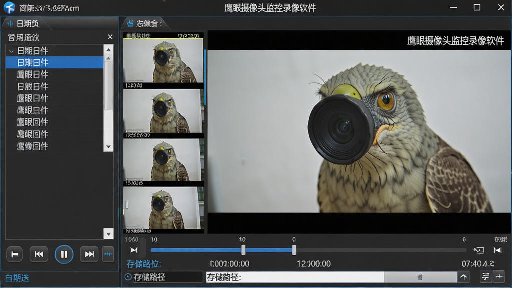 鹰眼摄像头监控录像软件录像回放界面图,画面展示软件回放窗口,时间轴清晰标注录像片段,左侧为日期选择面板,右侧为视频播放区域,画面中显示
