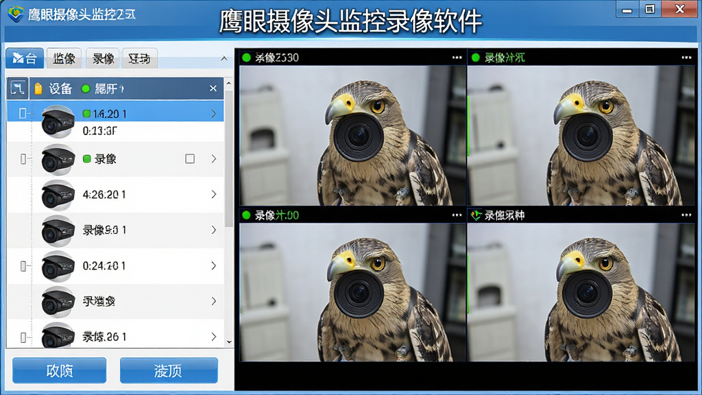 鹰眼摄像头监控录像软件主界面预览图,画面中央展示软件操作窗口,左侧为摄像头设备列表,右侧为四路实时监控画面,画面清晰明亮,软件名称