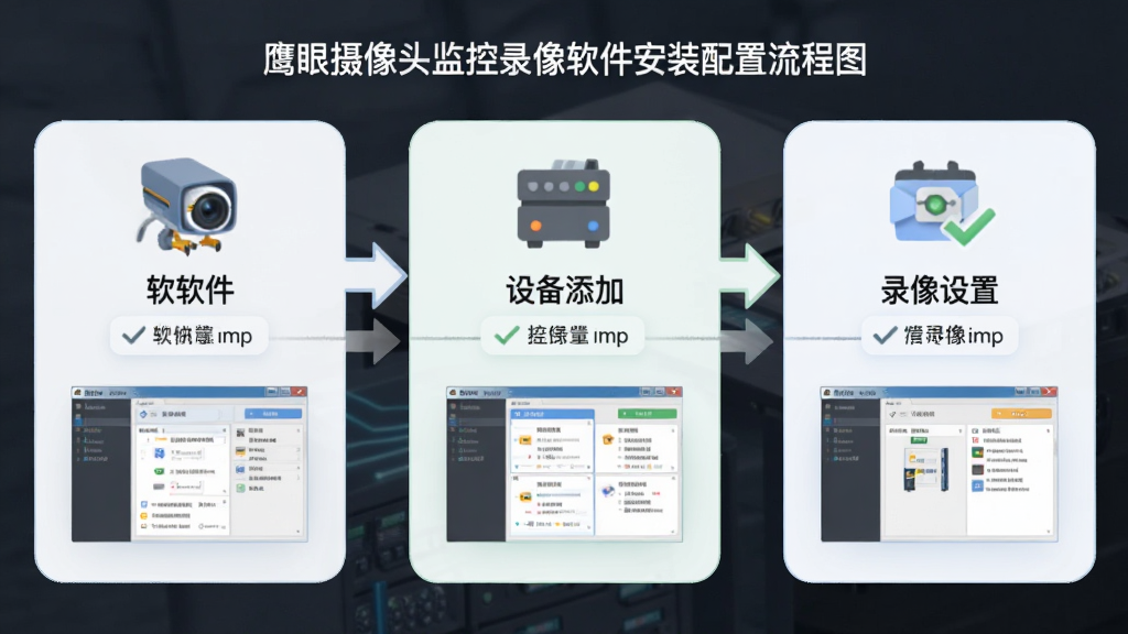 鹰眼摄像头监控录像软件安装配置流程图,画面以步骤形式展示软件安装、设备添加、录像设置三个环节,每个环节配以简洁图标与文字说明,风格为信息图表式布局,细节包括箭头指引、勾选标记、软件界面缩略图,画质清晰,色彩柔和,无多余装饰