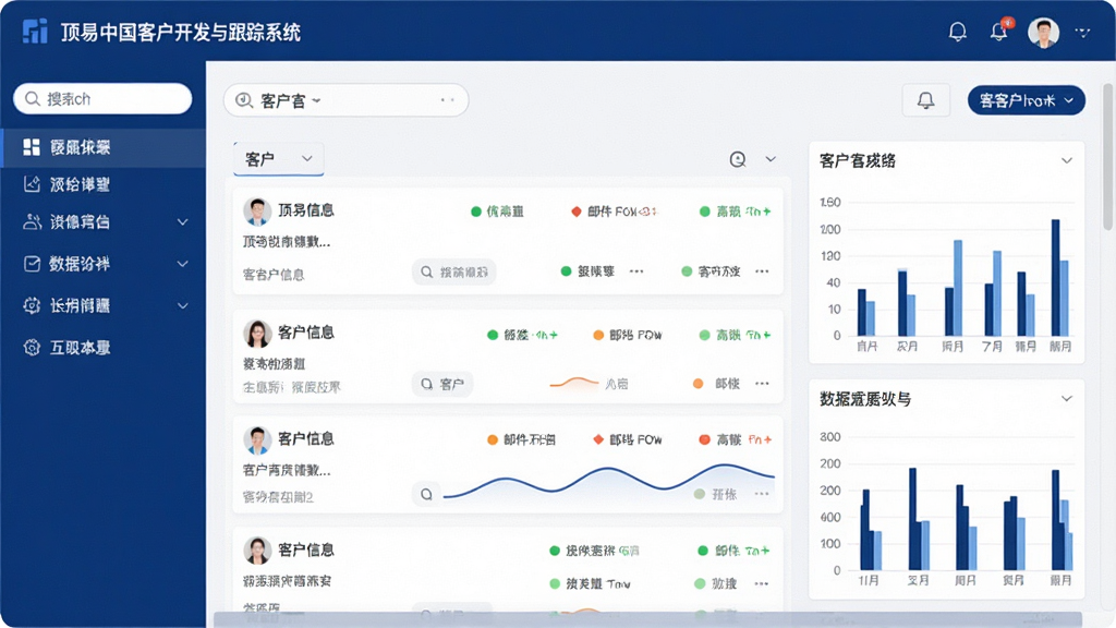 一张软件主界面全景展示图,主体为顶易中国客户开发与跟踪系统的操作界面,布局为左侧功能导航栏加右侧客户列表与数据图表区域,排版采用现代商务风格,整体色调以深蓝与白色为主,细节上体现搜索框、客户信息卡片、邮件追踪状态图标等元素,画面干净清晰,画质为高清2K,无多余装饰元素