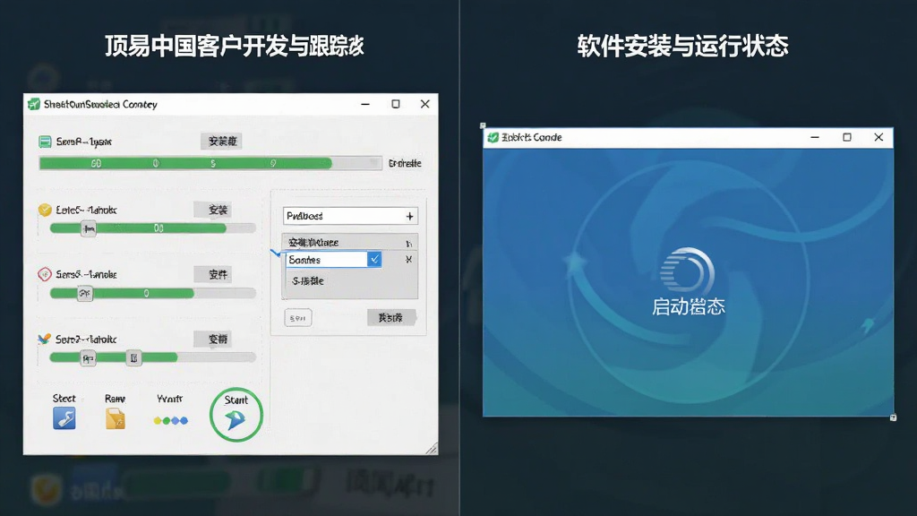 一张软件安装与运行状态示意图,主体为顶易中国客户开发与跟踪系统的安装进度界面和运行中的主窗口,布局为左右分屏展示安装步骤与启动画面,排版简洁明了,风格为实用工具类软件风格,细节上体现进度条、安装路径选择框、启动加载动画等元素,画质高清,画面干净无杂乱