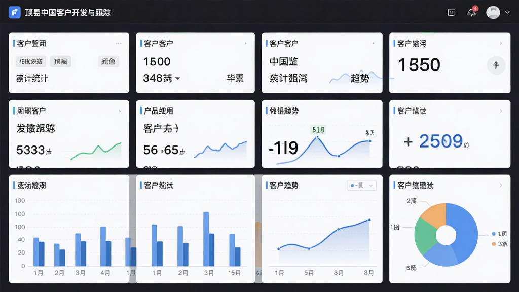 一幅数据管理看板示意图,主体为顶易中国客户开发与跟踪系统的数据统计界面,布局为多个数据卡片与柱状图、饼图组合排列,排版规整,风格为简约商务风,细节上体现客户标签、统计数字、趋势曲线等元素,画质高清,无多余元素