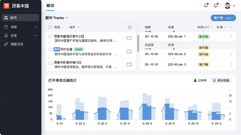 一张邮件追踪与客户跟进界面展示图,主体为顶易中国客户开发与跟踪系统的邮件追踪面板,布局为上方邮件列表加下方打开率统计图表,排版简洁明快,风格为现代办公软件风,细节上体现邮件打开状态标签、时间轴记录、跟进提醒图标等元素,画质高清,画面干净整洁