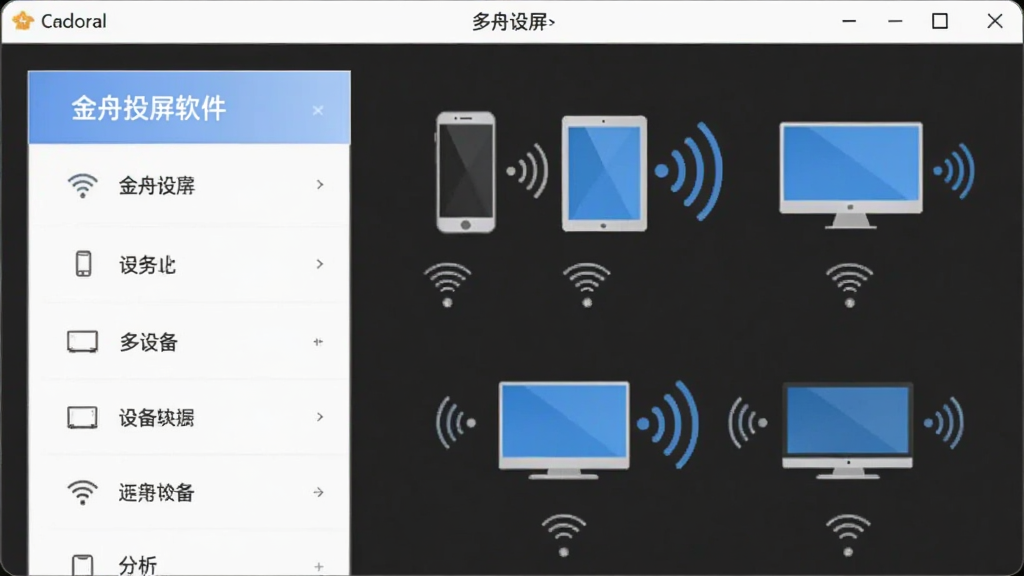 主体是金舟投屏软件界面展示多设备连接选项,布局为软件窗口居中,排版为功能列表与设备图标并列,风格为简洁扁平化设计,细节包括手机、平板、电脑图标与无线连接波纹,画质清晰干净无多余元素