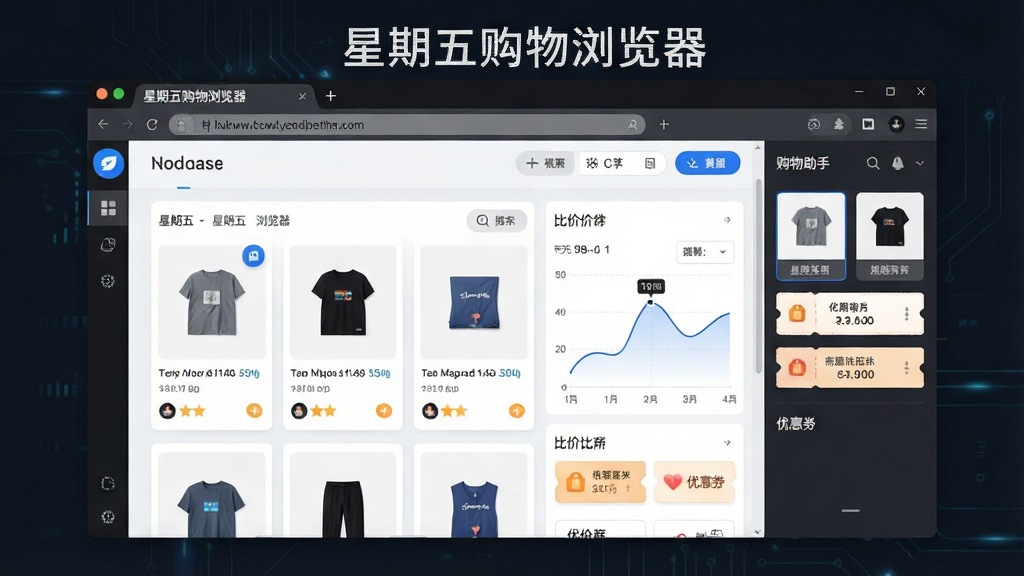 软件全貌展示图,主体为「星期五购物浏览器」软件界面截图风格,布局为居中大窗口展示浏览器主页与右侧购物助手面板,排版采用左右分栏结构,风格为现代简约科技感,细节包括地址栏、商品卡片、比价曲线图、优惠券标签等元素,画面中文字标注