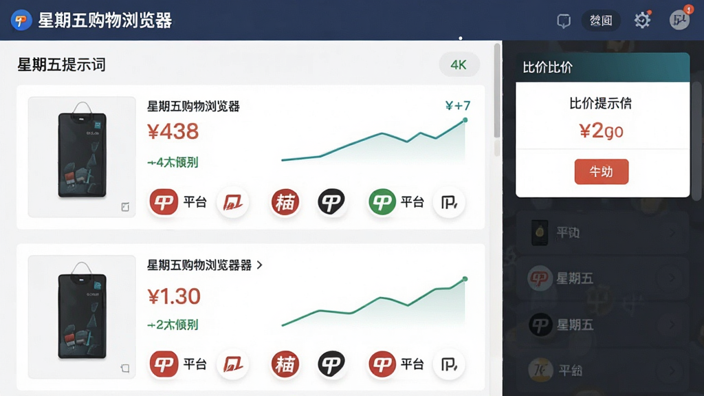 AI生图提示词:主体为「星期五购物浏览器」的比价功能界面,布局为左侧商品详情页右侧比价面板,排版采用上下结构展示价格对比列表,风格为扁平化UI设计,细节包括商品缩略图、价格数字、走势折线、平台图标,画面中文字标注