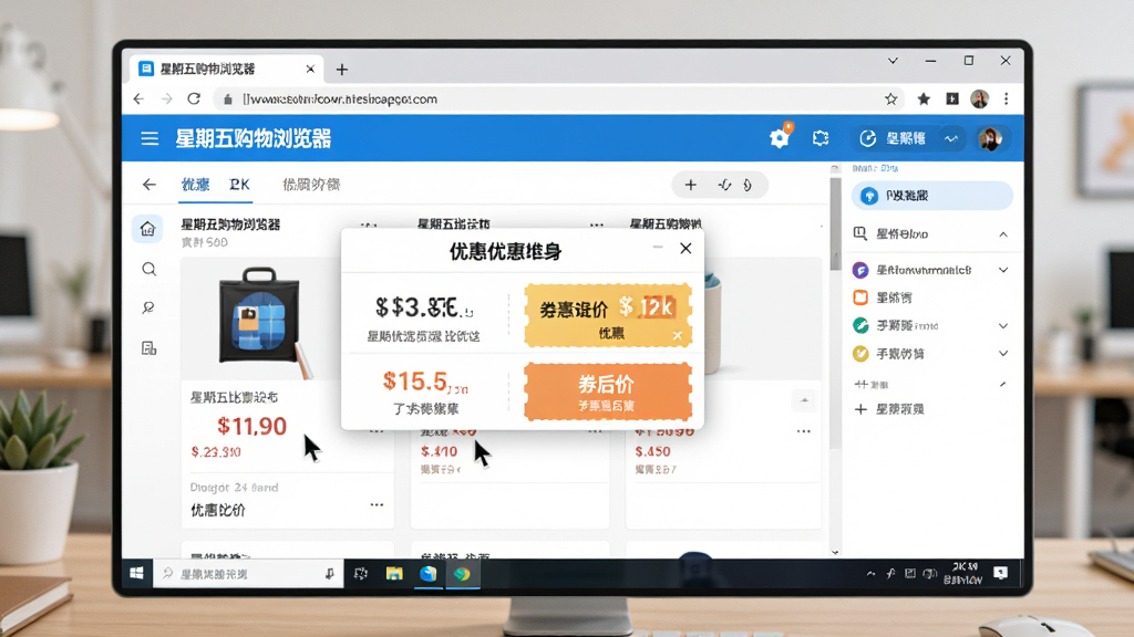 AI生图提示词:主体为「星期五购物浏览器」在Windows电脑上的操作界面,布局为全屏浏览器窗口展示商品比价与优惠券弹窗,排版采用顶部地址栏加内容区加右侧助手栏,风格为现代办公场景,细节包括鼠标指针、价格标签、券后价高亮、任务栏图标,画面中文字标注