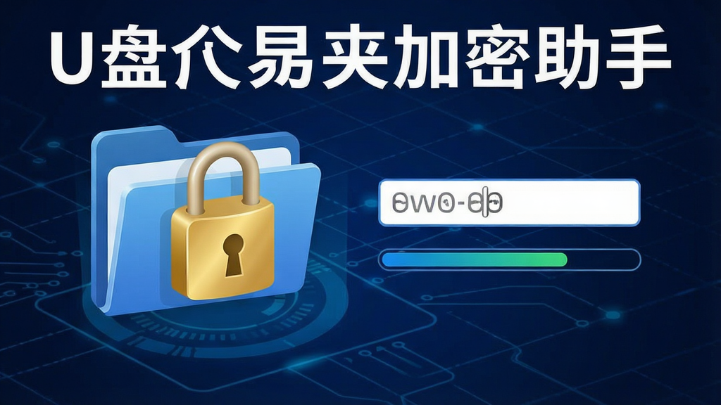 一张展示U盘文件夹加密助手加密过程的图片,画面中一个文件夹图标被一把金色锁头锁住,旁边有密码输入框和进度条,背景是深蓝色科技感网格,画面中清晰出现“U盘文件夹加密助手”文字,风格现代简洁,画质干净,无多余元素