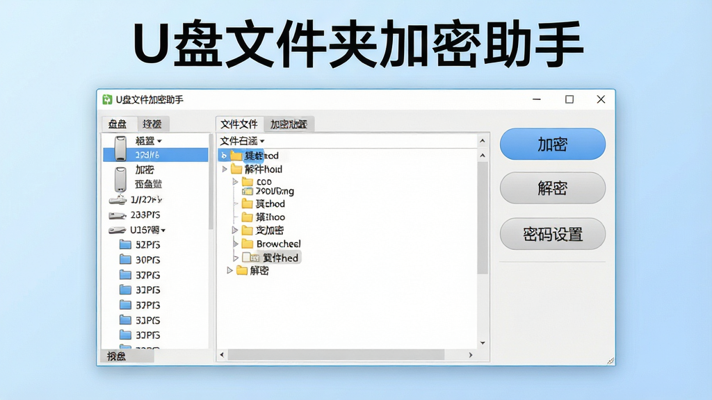 一张展示U盘文件夹加密助手软件界面的高清图片,画面中央是软件主窗口,左侧显示U盘盘符列表和文件夹目录,右侧有加密、解密、密码设置等功能按钮,背景是干净的浅蓝色渐变,画面中清晰出现“U盘文件夹加密助手”文字标题,整体风格简洁商务,画质清晰,无多余元素